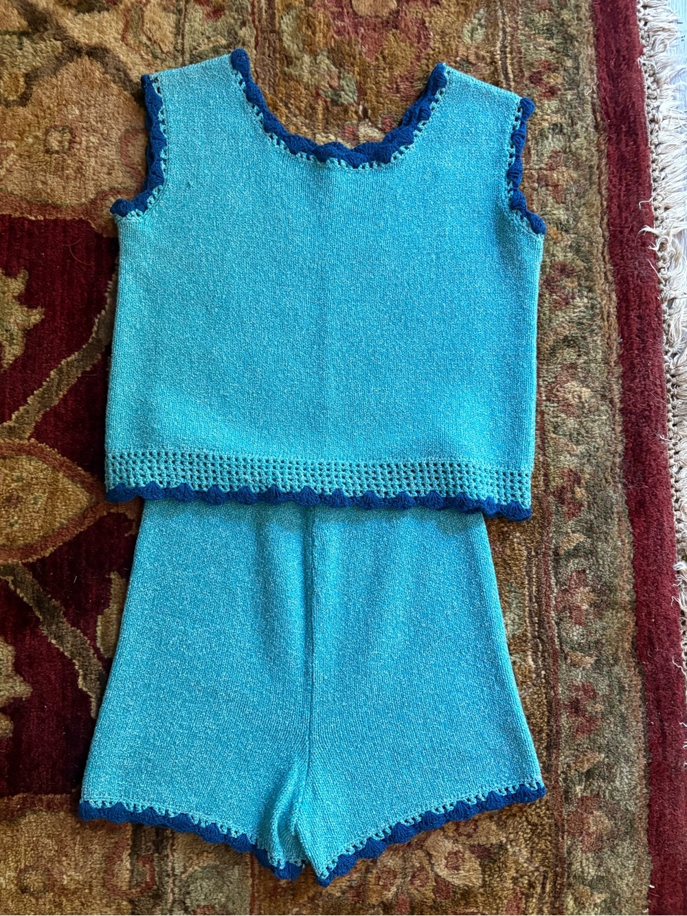 Turquoise Knit Two-Piece Tank & Short Set with Cobalt Trim